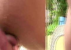 Cute lady-boy strokes their way ladystick with fruit juice outdoors