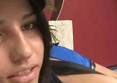 This sexy latina biker tranny jerks her cock off